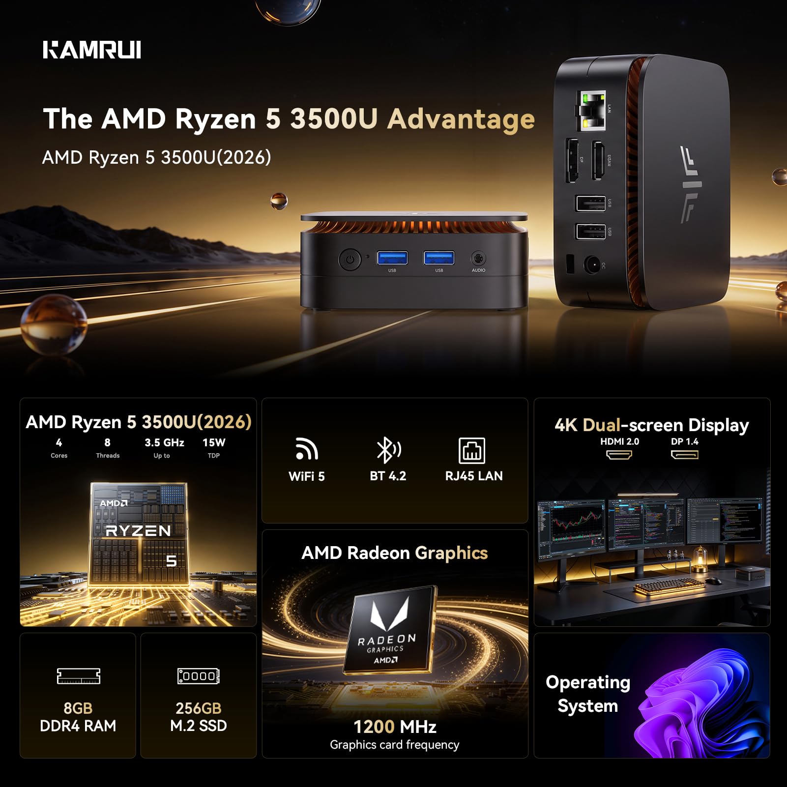 KAMRUI Mini PC, E1 AMD Ryzen 5 3500U Up to 3.7GHz | Beat 3200U